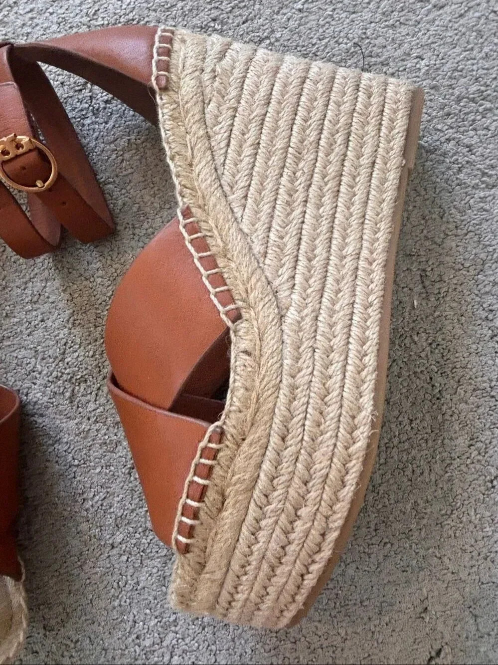 NWOB Tory Burch Brown Leather Espadrille Platform Wedge Sandals, Sz 6, $295
